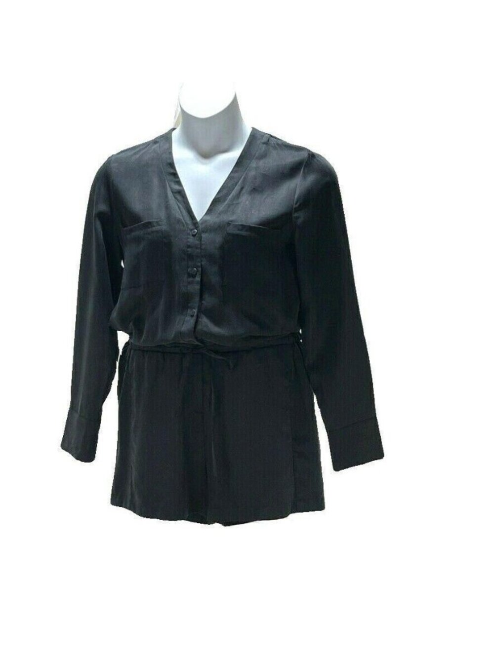 Kenneth Cole Black Long Sleeve Button-Down Romper With Drawstring Waist Size M